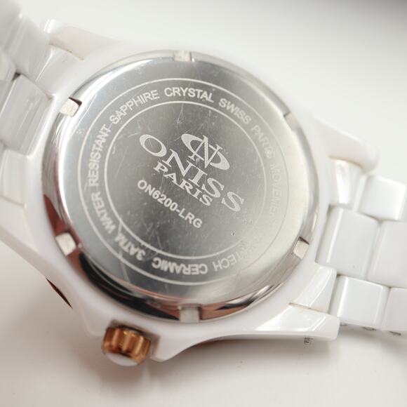 Oniss Paris White Ceramic MOP Day Date Watch 38mm Sapphire Crystal w New Battery - Picture 14 of 14